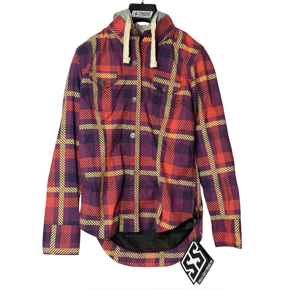 Speed and Strength True Romance Womens L Armored‎ Red Plaid Hooded Moto Shirt